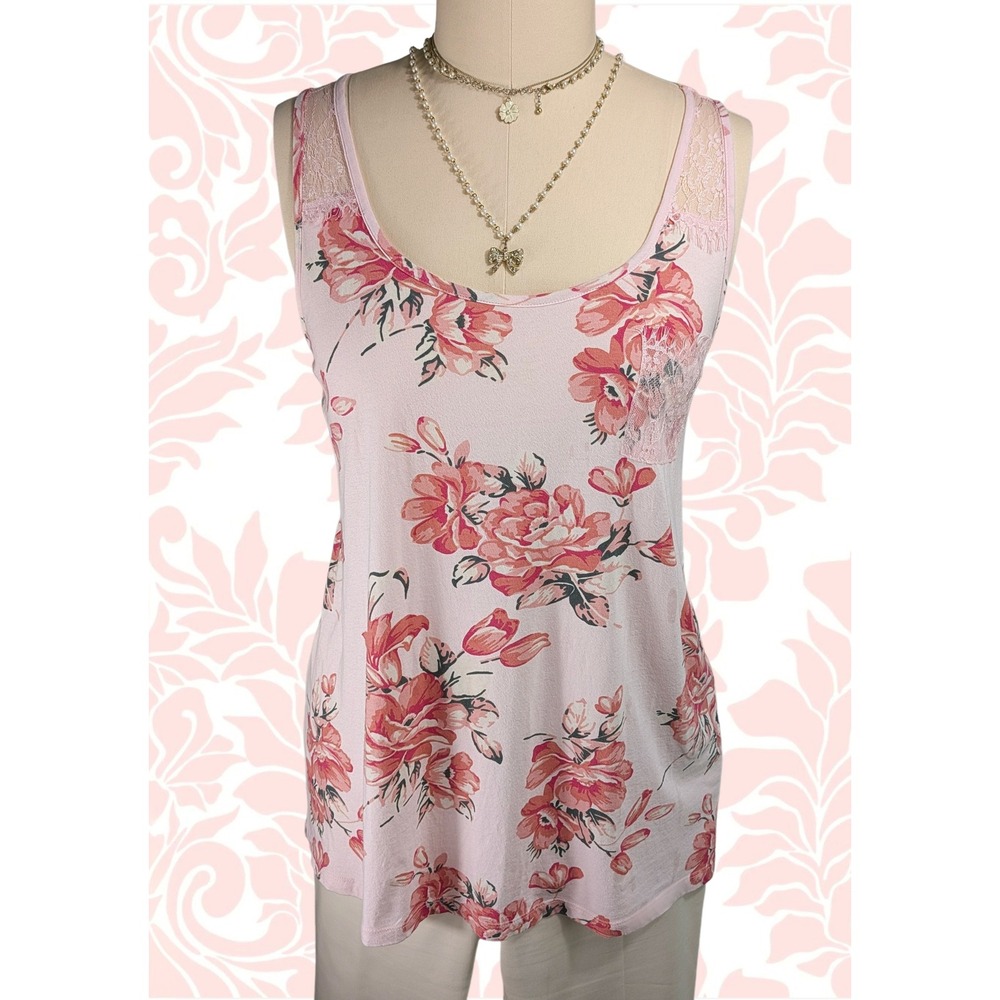 Sz XXXL Pink Floral Eyelash Lace Trim Long Cotton Fairy Tank Top Women's